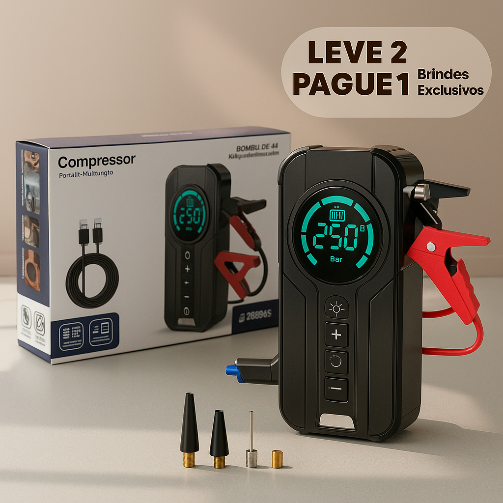 {LEVE 2 PAGUE 1} Compressor de Ar Portátil 4 em 1 + {BRINDE} Bolsa Organizadora Exclusiva