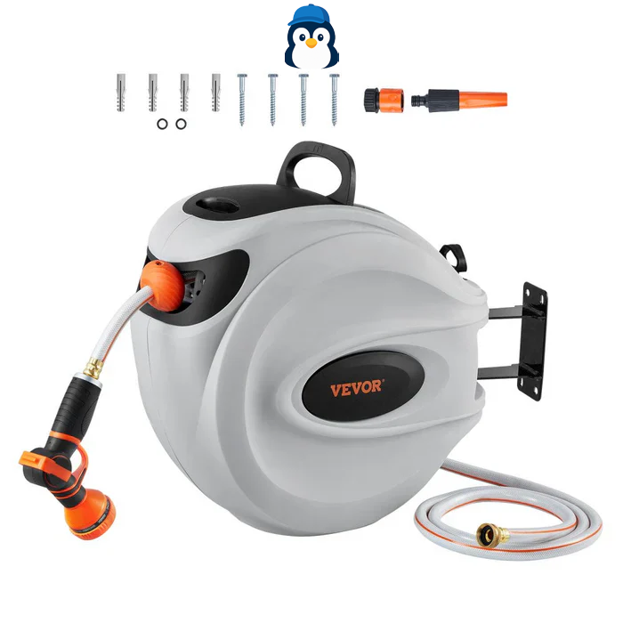 {Mangueira Retrátil Carretel VEVOR} 40m x 1/2" com Suporte de Parede Giratório 180°, Bico com 9 Jatos e Enrolamento Automático – Para Jardim, Quintal, Lavagem de Carros