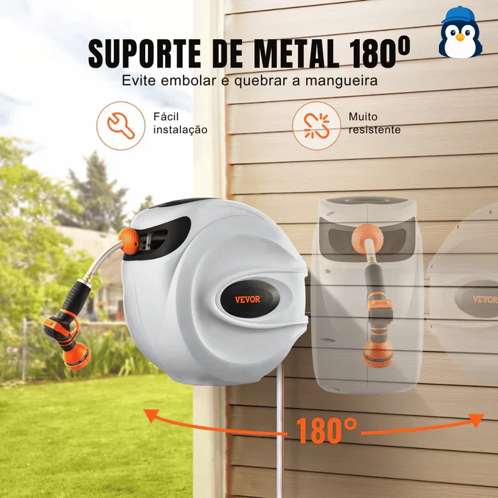 {Mangueira Retrátil Carretel VEVOR} 40m x 1/2" com Suporte de Parede Giratório 180°, Bico com 9 Jatos e Enrolamento Automático – Para Jardim, Quintal, Lavagem de Carros