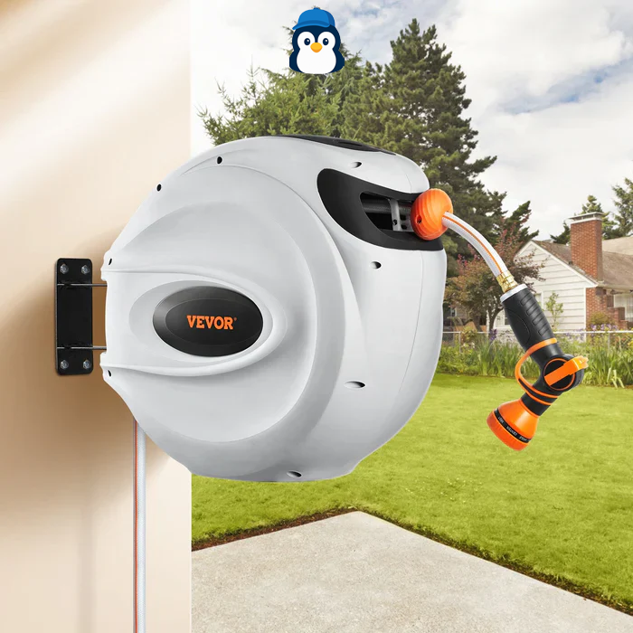 {Mangueira Retrátil Carretel VEVOR} 40m x 1/2" com Suporte de Parede Giratório 180°, Bico com 9 Jatos e Enrolamento Automático – Para Jardim, Quintal, Lavagem de Carros