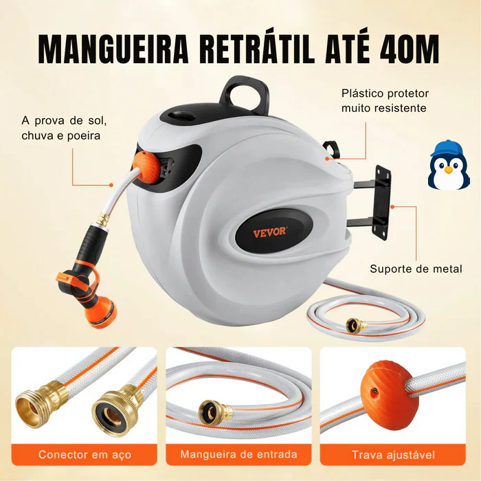 {Mangueira Retrátil Carretel VEVOR} 40m x 1/2" com Suporte de Parede Giratório 180°, Bico com 9 Jatos e Enrolamento Automático – Para Jardim, Quintal, Lavagem de Carros