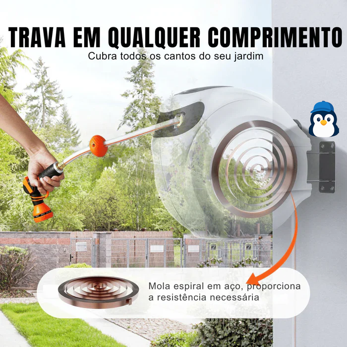 {Mangueira Retrátil Carretel VEVOR} 40m x 1/2" com Suporte de Parede Giratório 180°, Bico com 9 Jatos e Enrolamento Automático – Para Jardim, Quintal, Lavagem de Carros