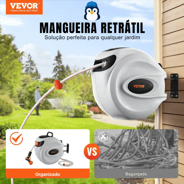 {Mangueira Retrátil Carretel VEVOR} 40m x 1/2" com Suporte de Parede Giratório 180°, Bico com 9 Jatos e Enrolamento Automático – Para Jardim, Quintal, Lavagem de Carros