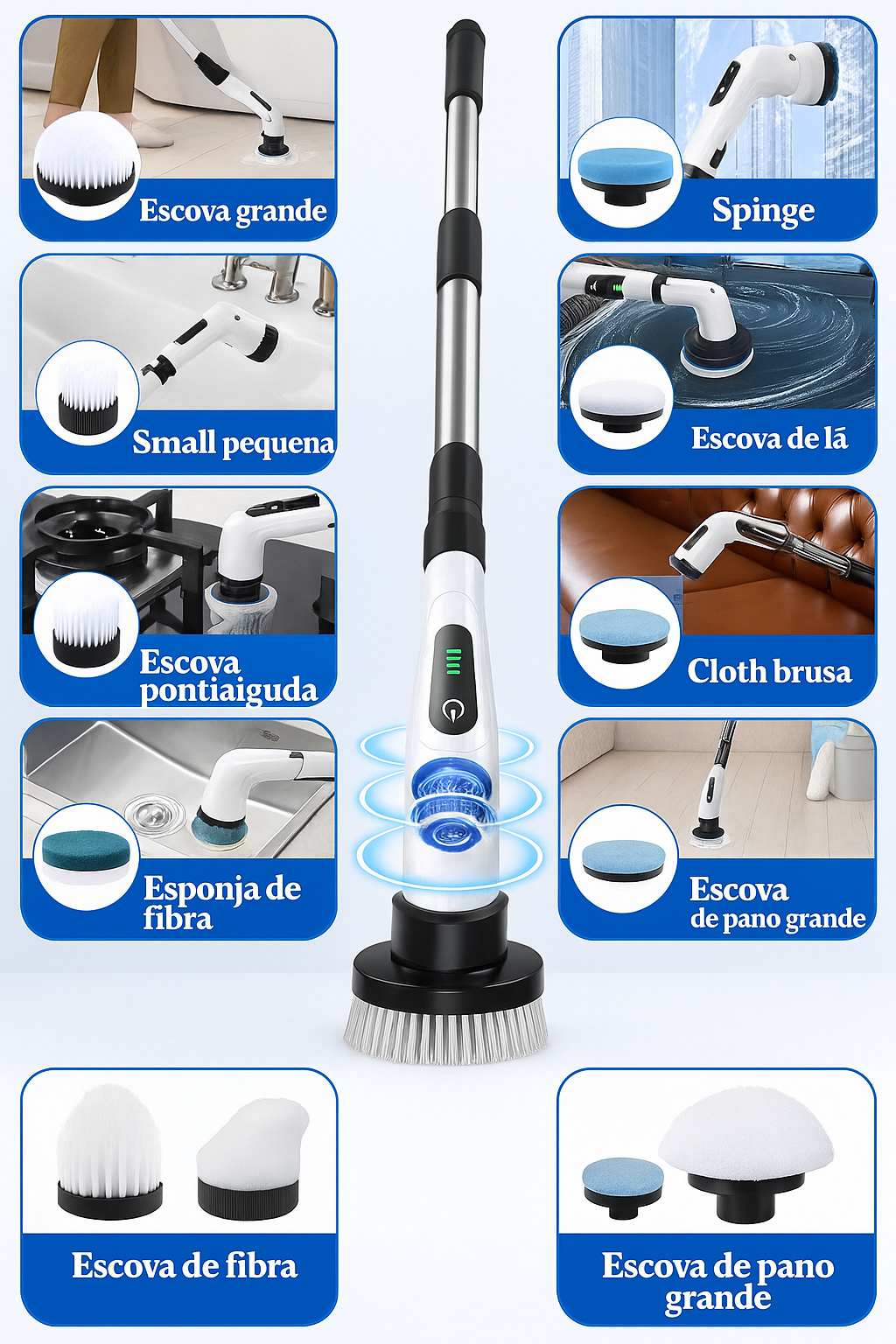 {LEVE 2 PAGUE 1} Escova de Limpeza Elétrica Turbo Clean 9 em 1 + {BRINDE} Kit Limpeza Rápida Premium (3 peças)