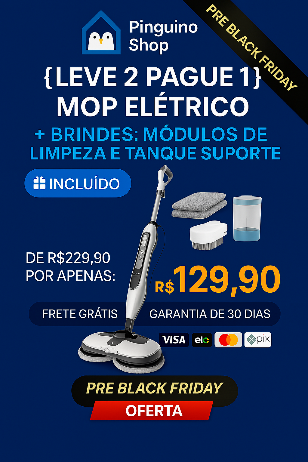 {LEVE 2 PAGUE 1} Mop Elétrico + BRINDES: Módulos de Limpeza e Tanque Suporte