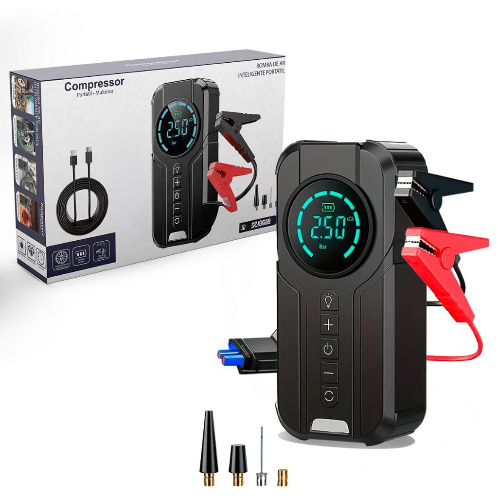 {LEVE 2 PAGUE 1} Compressor de Ar Portátil 4 em 1 + {BRINDE} Bolsa Organizadora Exclusiva