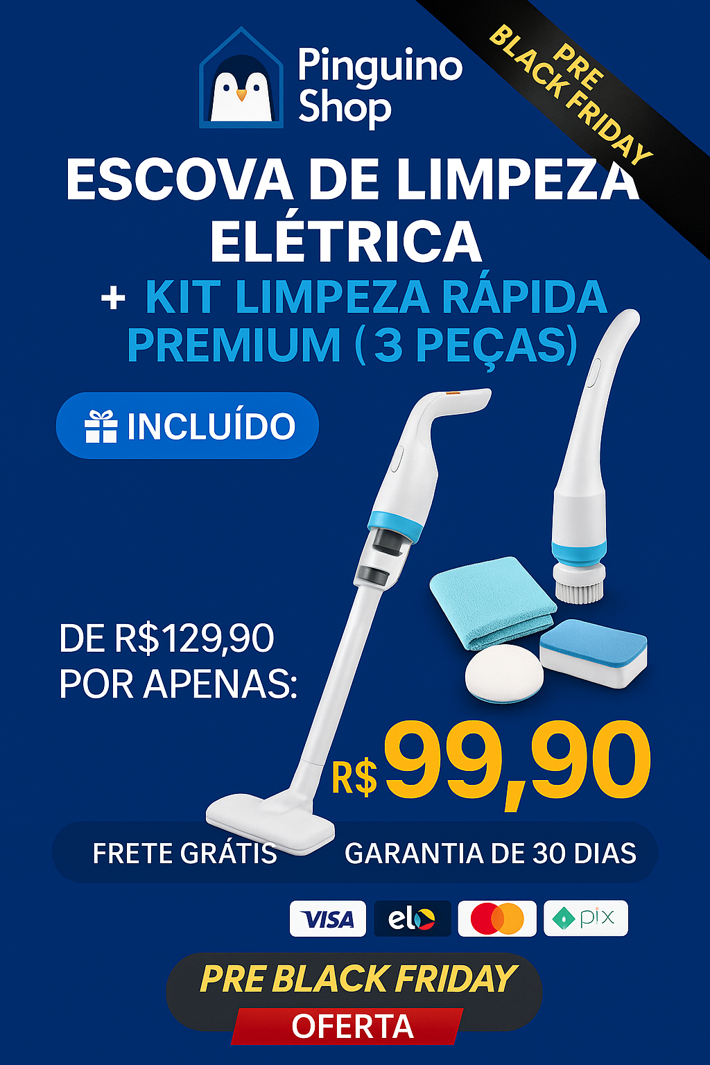{LEVE 2 PAGUE 1} Escova de Limpeza Elétrica Turbo Clean 9 em 1 + {BRINDE} Kit Limpeza Rápida Premium (3 peças)