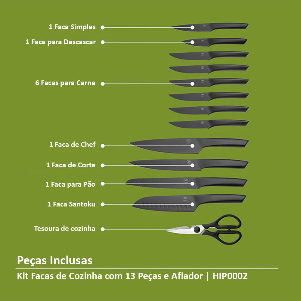 [PAGUE 1 LEVE 2] Kit Facas de Cozinha com 13 Peças e Afiador Avera